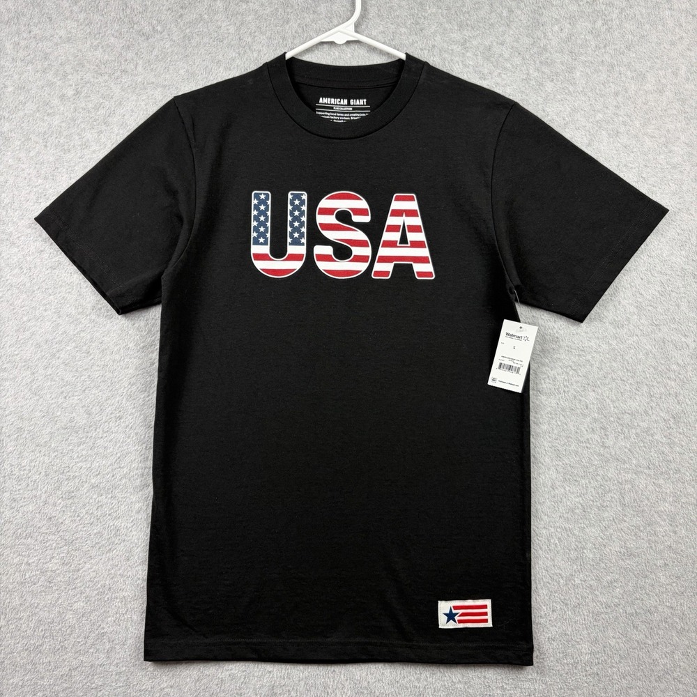 American Giant T Shirt Mens Small Black USA Flag Cotton Made In USA Crew Tee NWT